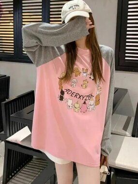 Pink Gray Puppy Graphic Oversized Long Sleeve T-Shirt